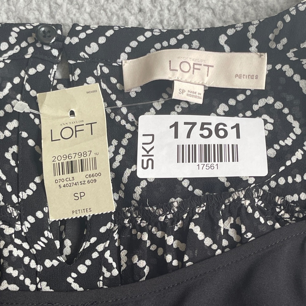 LOFT Geometric Print Dress Womens Small Petite Black NWT Belted Short Sleeve - Picture 6 of 10